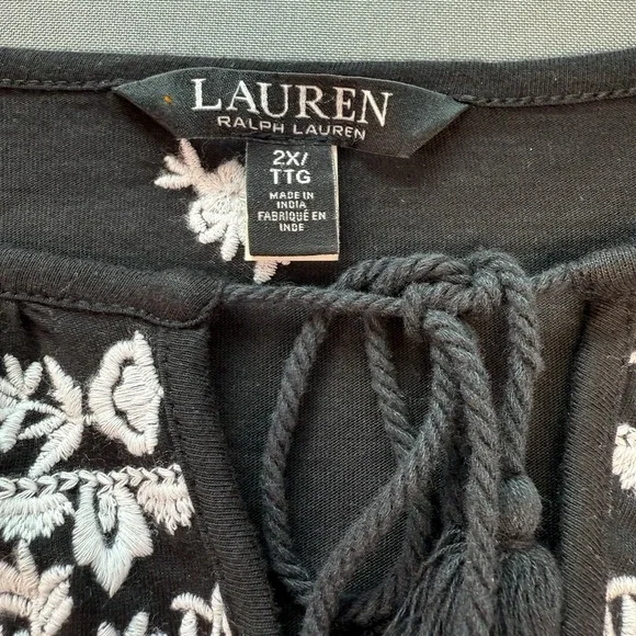 Lauren Ralph Lauren Top 2XL Peasant Embroidery Oaxaca Black White‎ Cottage Core - Picture 5 of 9